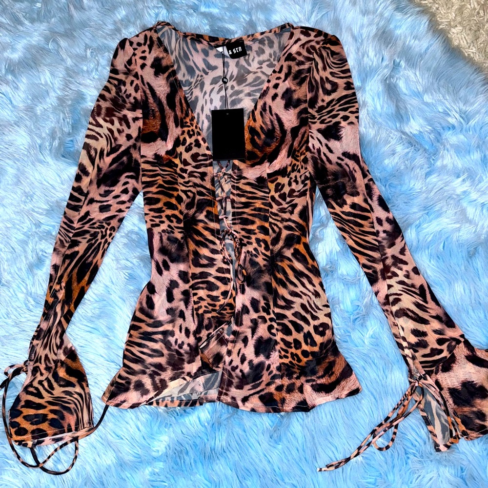 Sexy leopard v neck see through blouse